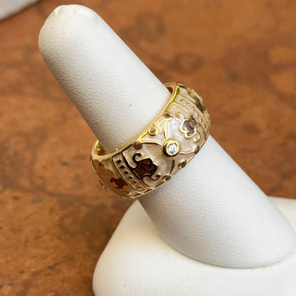 18K Yellow Gold-Plated Brass Round CZ + Cream Enamel Horse Ring