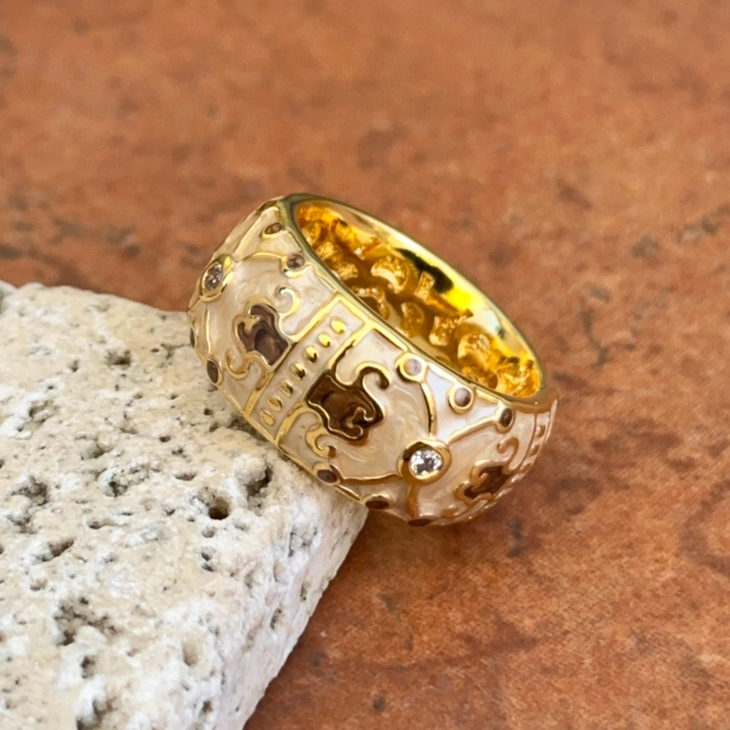 18K Yellow Gold-Plated Brass Round CZ + Cream Enamel Horse Ring