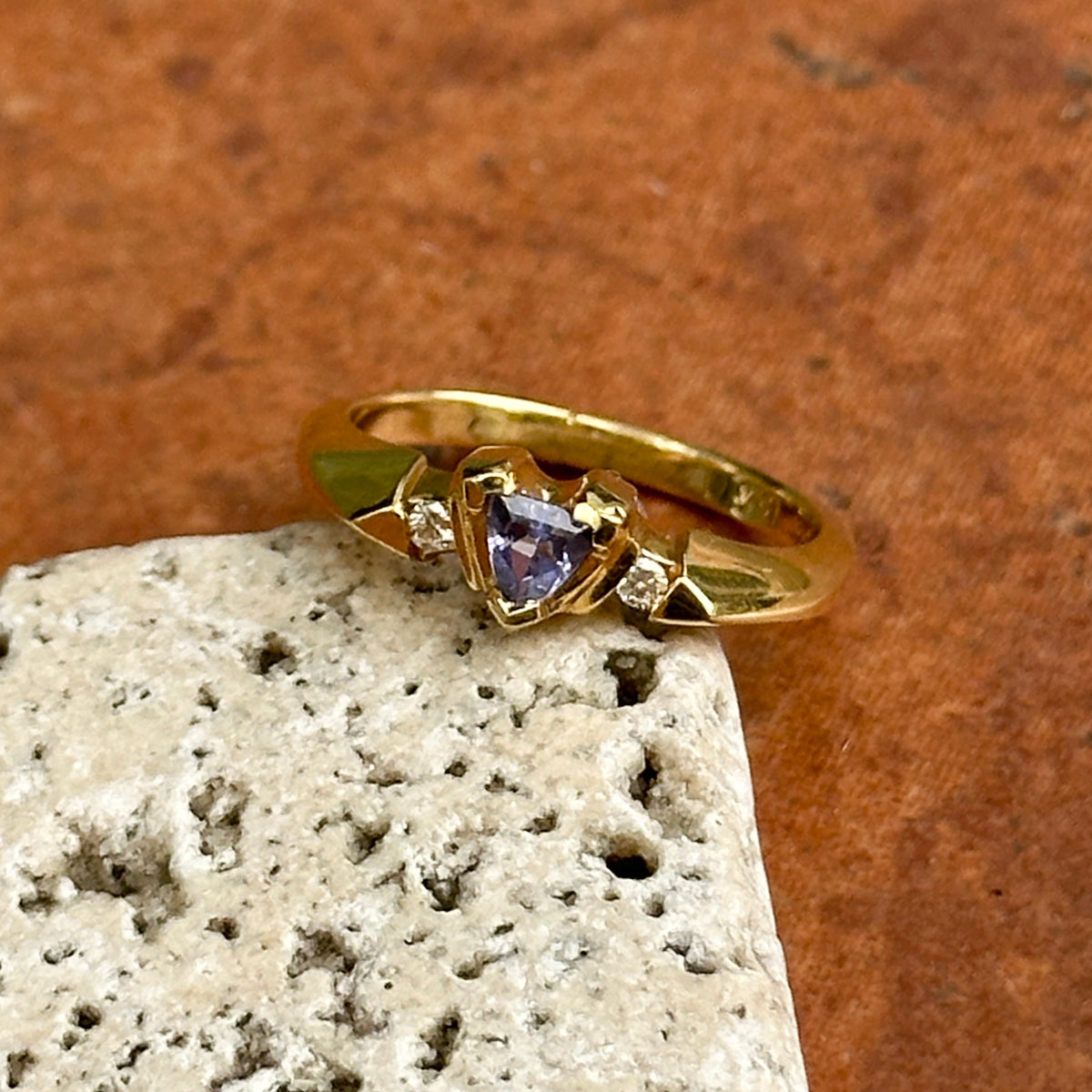 Estate 14KT Yellow Gold Trillion Tanzanite + Diamond Accent Ring