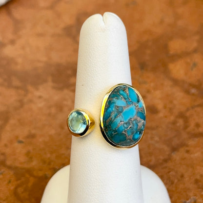 Yellow Gold-Plated Oblong Turquoise + Round Blue Topaz Bezel Ring