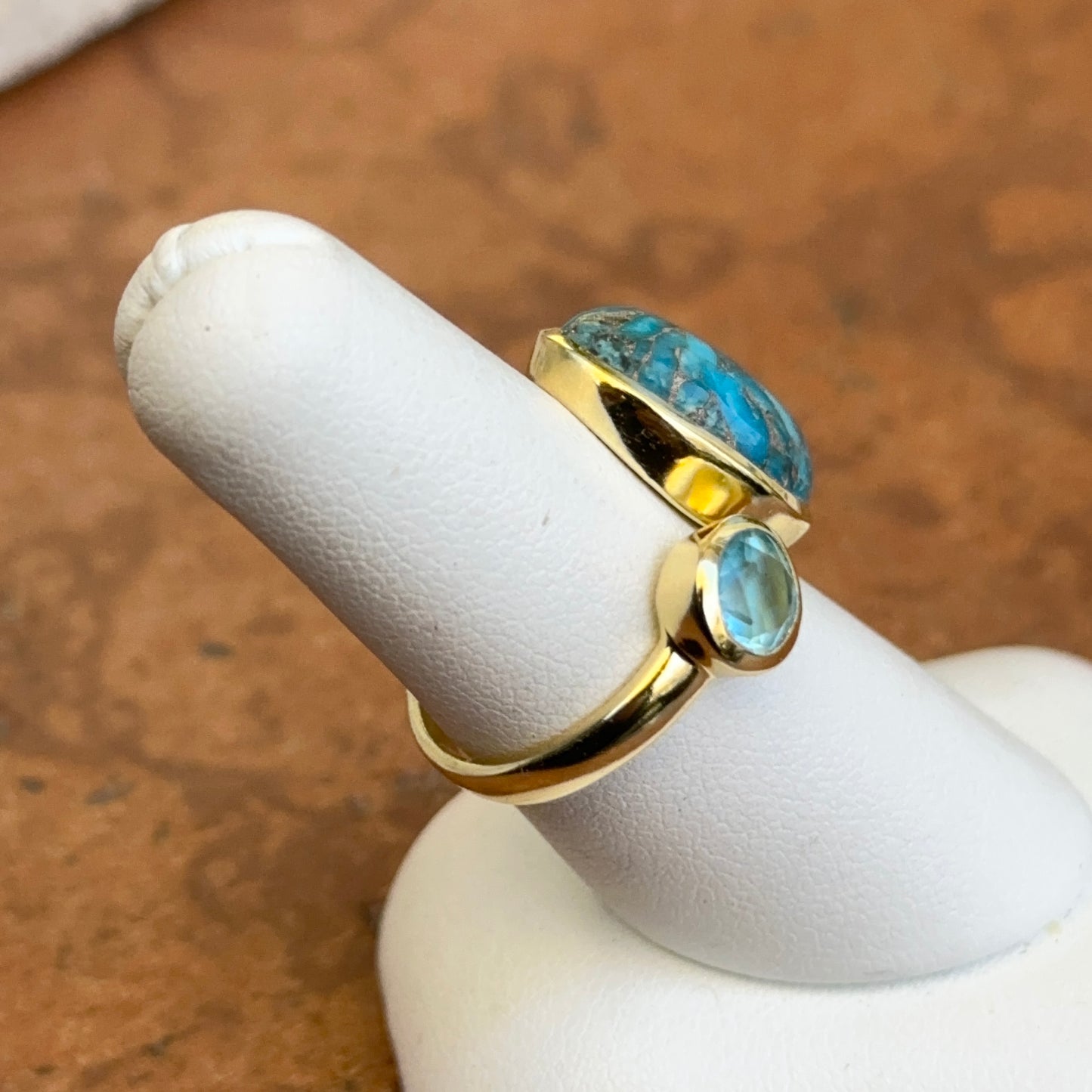 Yellow Gold-Plated Oblong Turquoise + Round Blue Topaz Bezel Ring