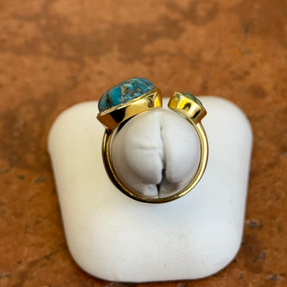 Yellow Gold-Plated Oblong Turquoise + Round Blue Topaz Bezel Ring