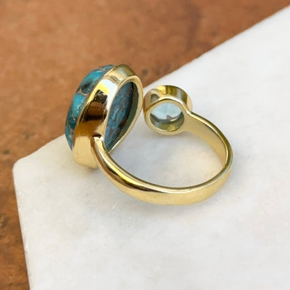 Yellow Gold-Plated Oblong Turquoise + Round Blue Topaz Bezel Ring