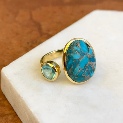 Yellow Gold-Plated Oblong Turquoise + Round Blue Topaz Bezel Ring
