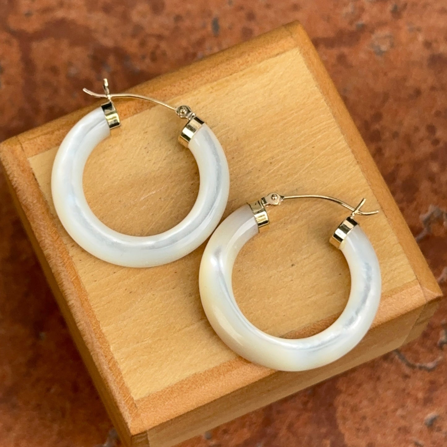 14KT Yellow Gold Mother of Pearl Tube Hoop Earrings 24mm