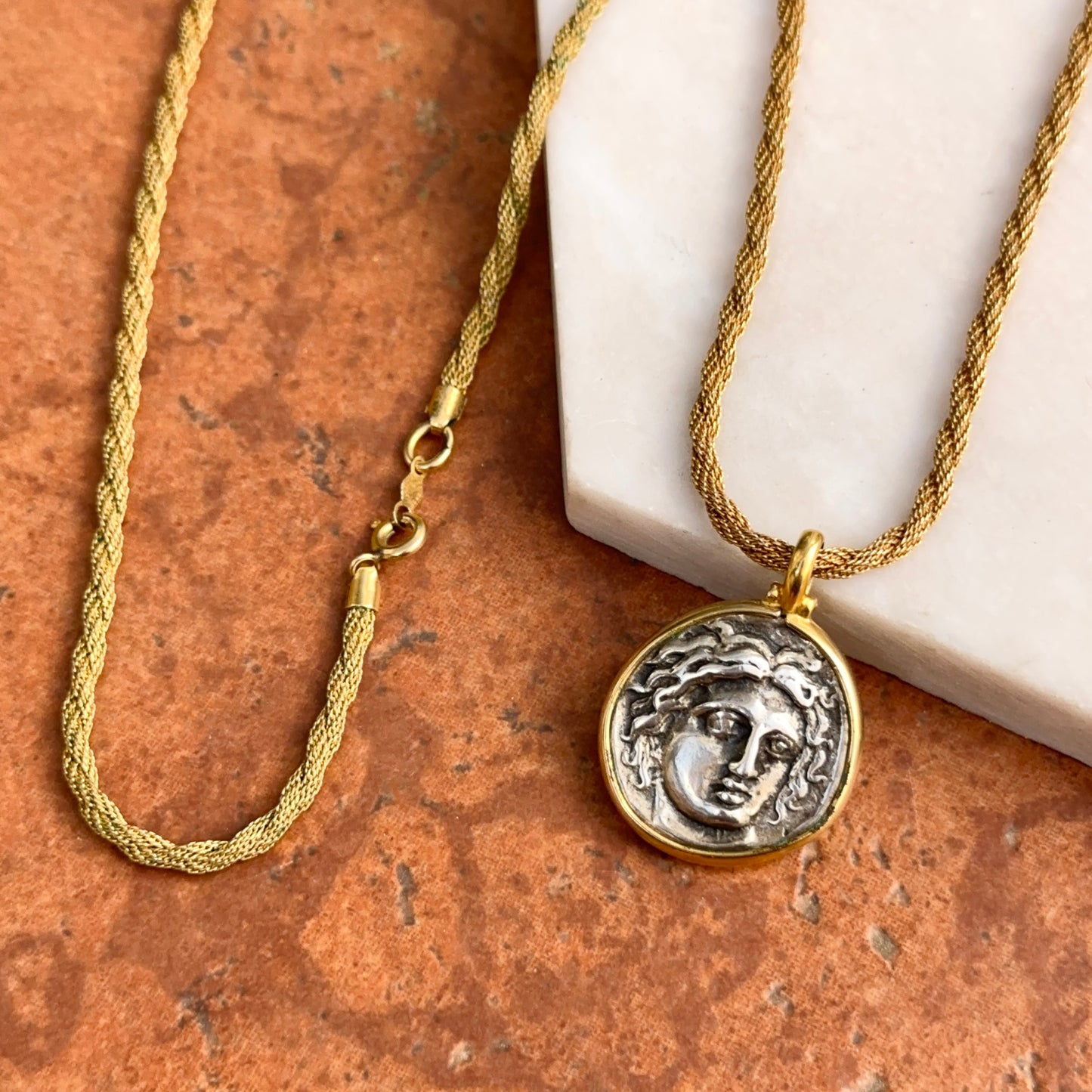Estate Gold-Tone Medusa Coin Replica Pendant on Gold Filled Necklace