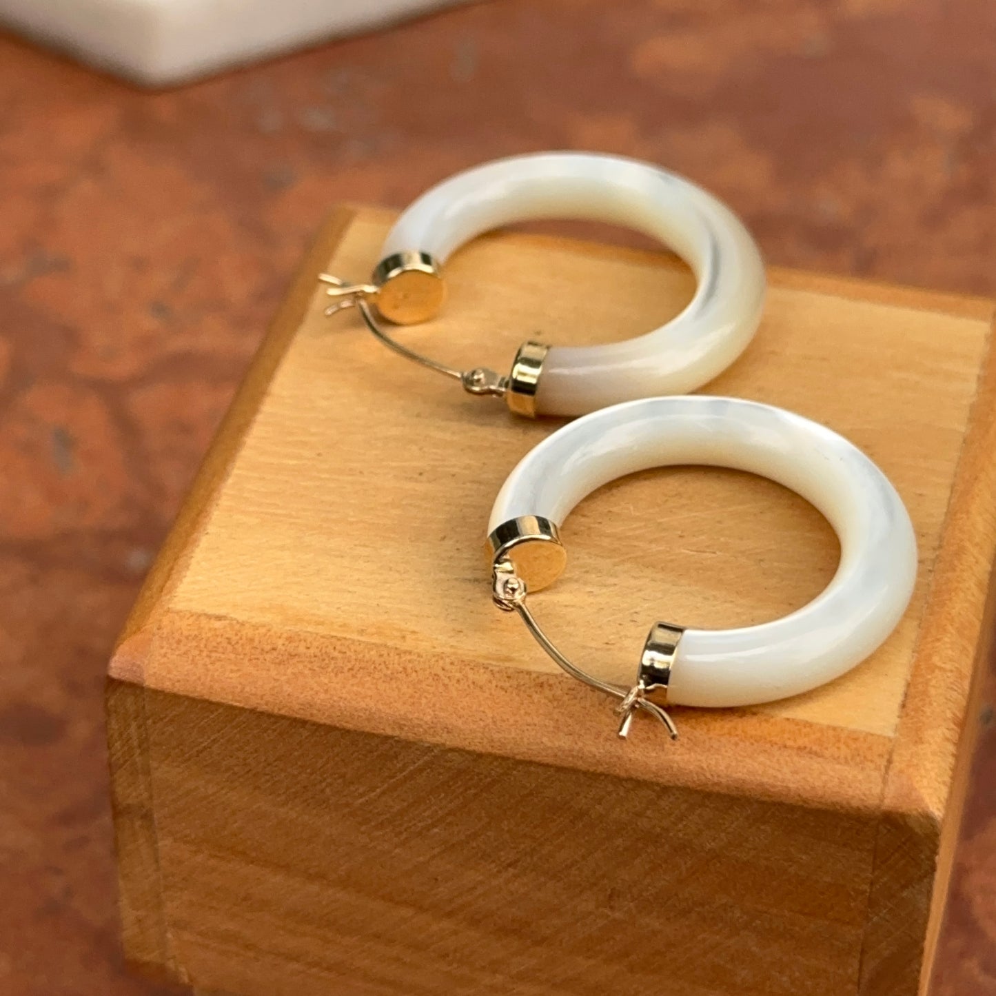 14KT Yellow Gold Mother of Pearl Tube Hoop Earrings 24mm