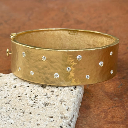 18KT Yellow Gold Hammered Matte Gypsy Diamonds Cuff Bangle Bracelet