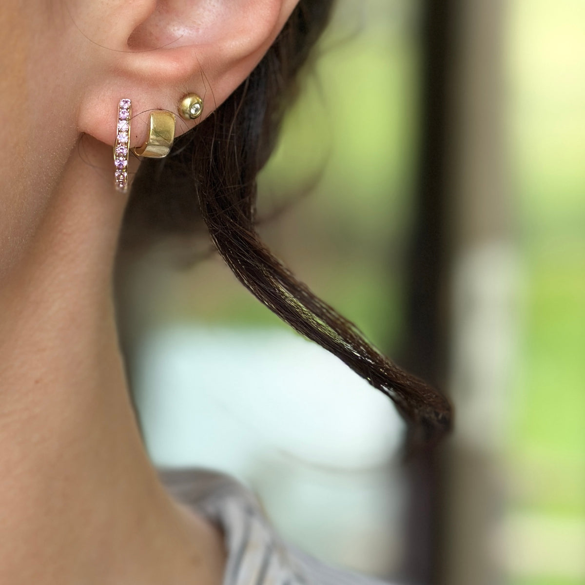 Estate 14KT Yellow Gold Light Pink Sapphire Huggie Hoop Earrings