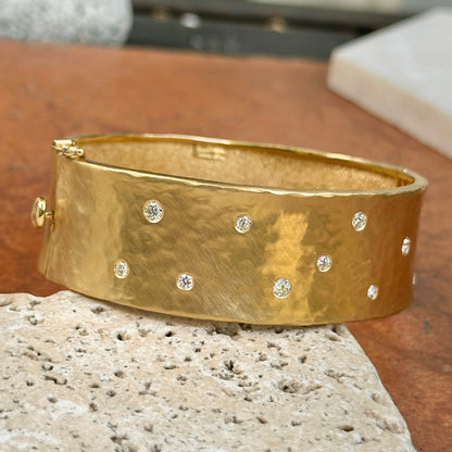 18KT Yellow Gold Hammered Matte Gypsy Diamonds Cuff Bangle Bracelet