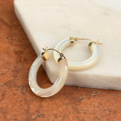 14KT Yellow Gold Mother of Pearl Tube Hoop Earrings 24mm
