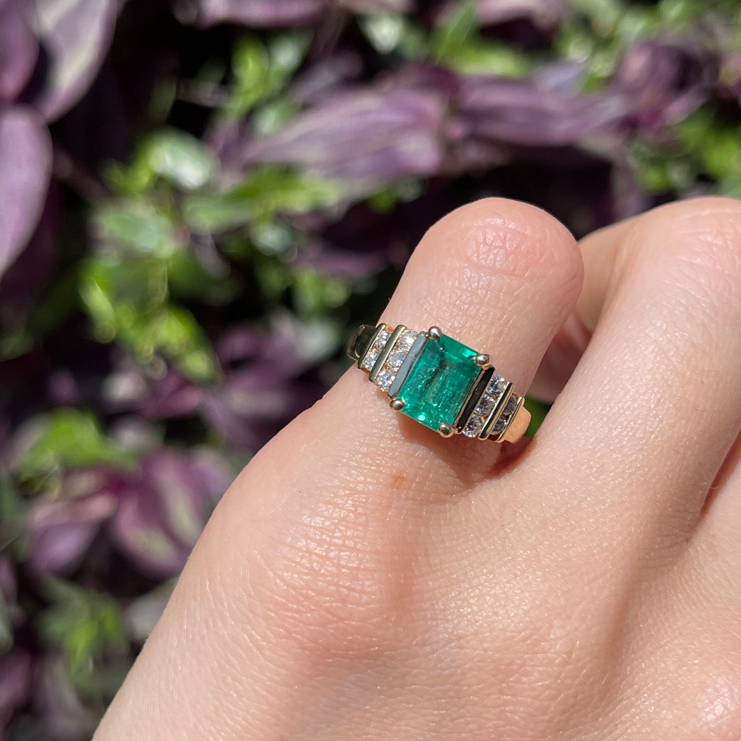 Estate 14KT Yellow Gold Emerald-Cut Lab Emerald + Double Row Diamond Ring