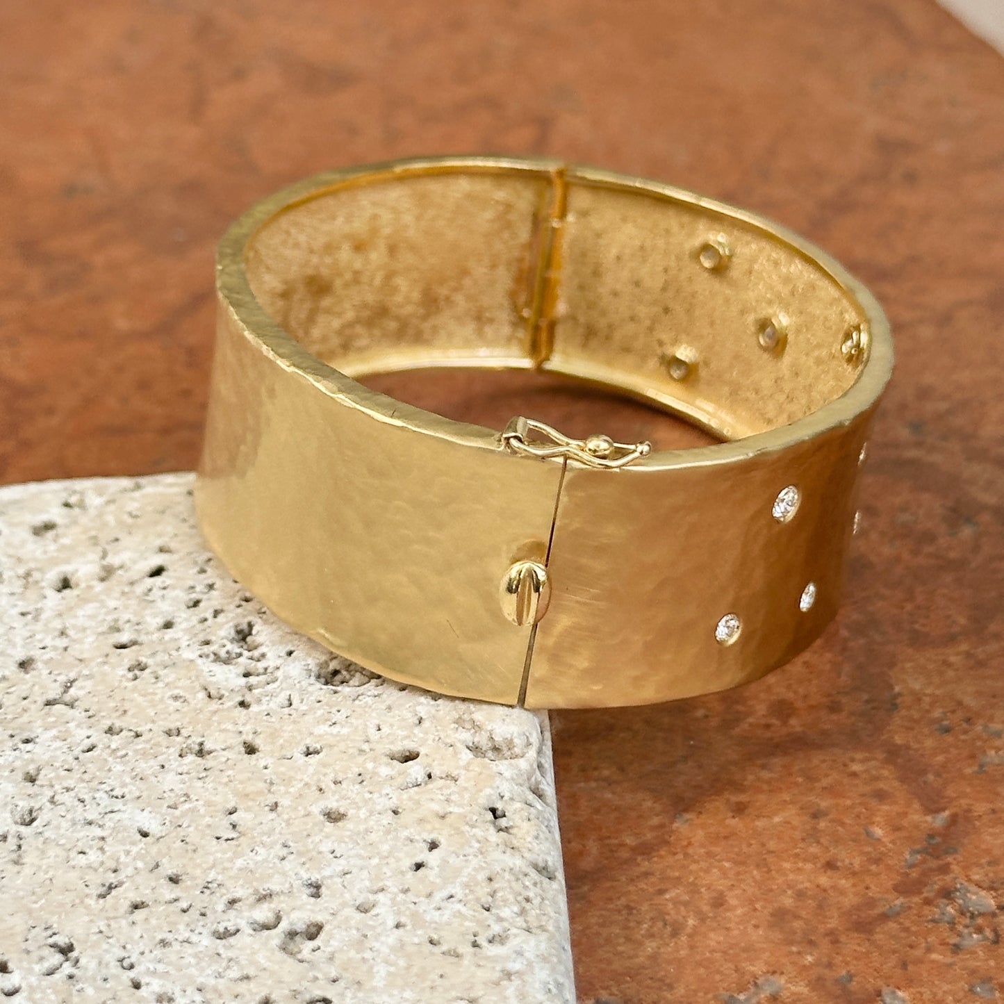 18KT Yellow Gold Hammered Matte Gypsy Diamonds Cuff Bangle Bracelet