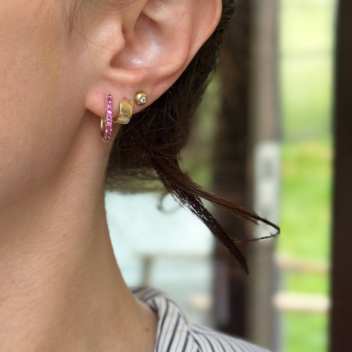 Estate 14KT Yellow Gold Dark Pink Sapphire Huggie Hoop Earrings