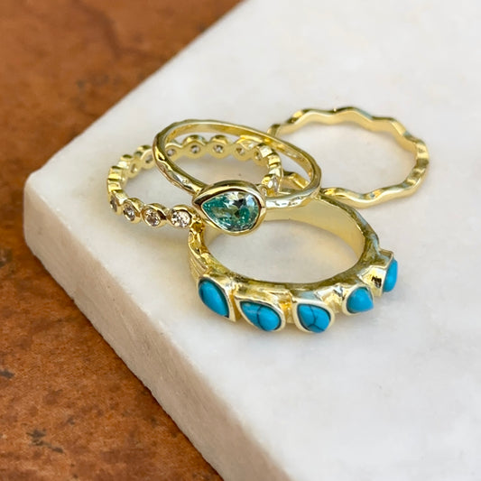 Yellow Gold-Plated Turquoise, Synthetic Blue Topaz, Cubic Zirconia, Plain Set Ring