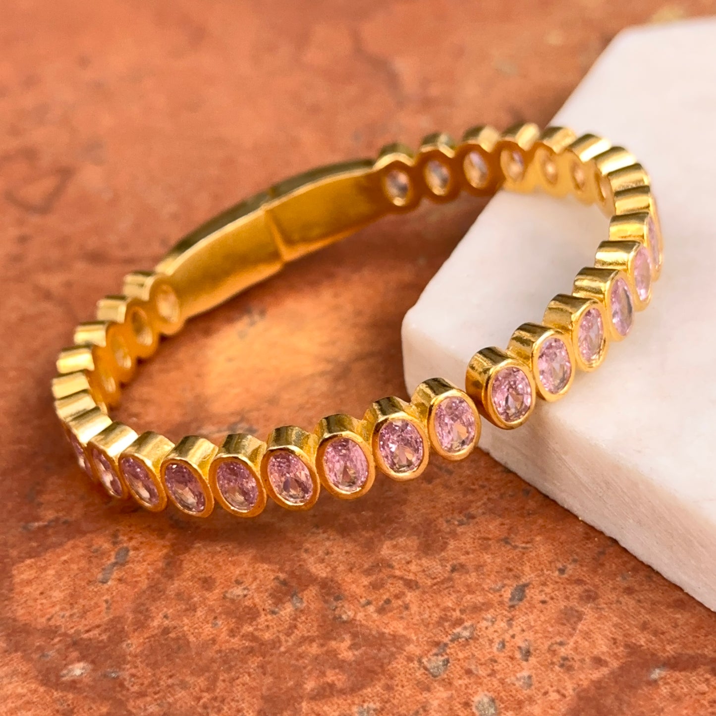 Estate Yellow Gold Tone Bezel Oval Pink Stone Hinged Bangle Bracelet