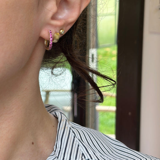 Estate 14KT Yellow Gold Dark Pink Sapphire Huggie Hoop Earrings