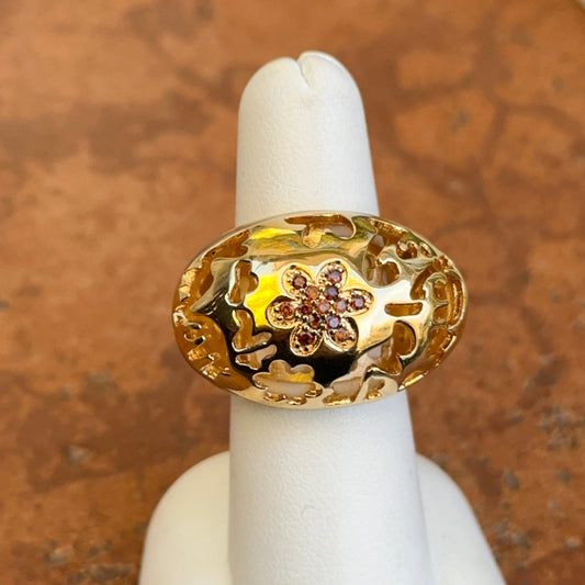 18K Yellow Gold-Plated Brass Brown CZ + Cream Enamel Cut-Out Ring