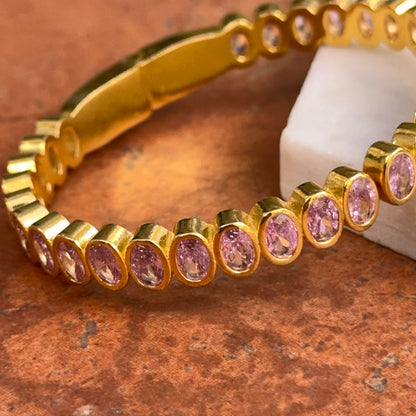 Estate Yellow Gold Tone Bezel Oval Pink Stone Hinged Bangle Bracelet