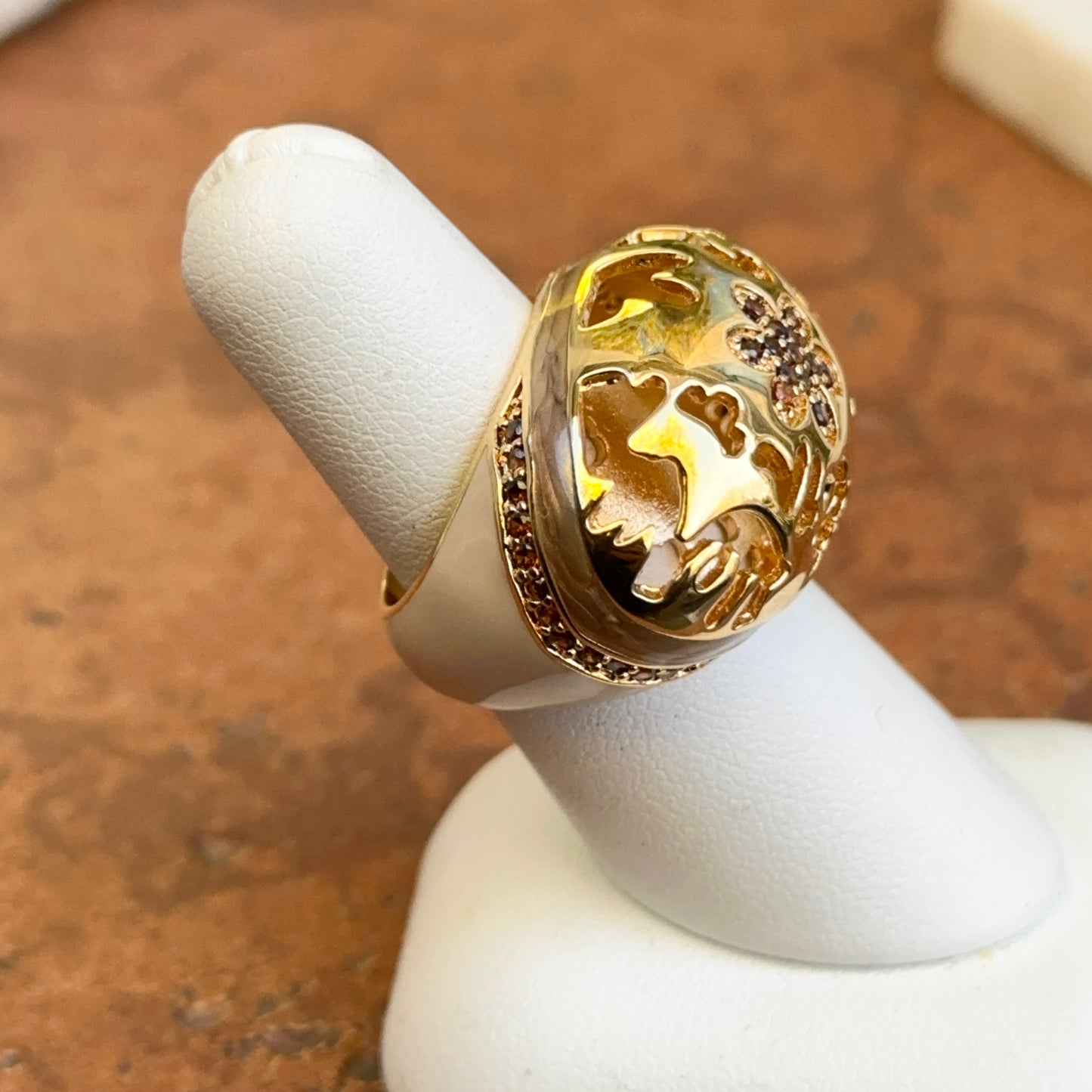 18K Yellow Gold-Plated Brass Brown CZ + Cream Enamel Cut-Out Ring