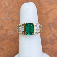 Load image into Gallery viewer, Estate 10KT Yellow Gold Lab 2 CT Emerald-Cut Emerald + 3 Row Diamond Ring