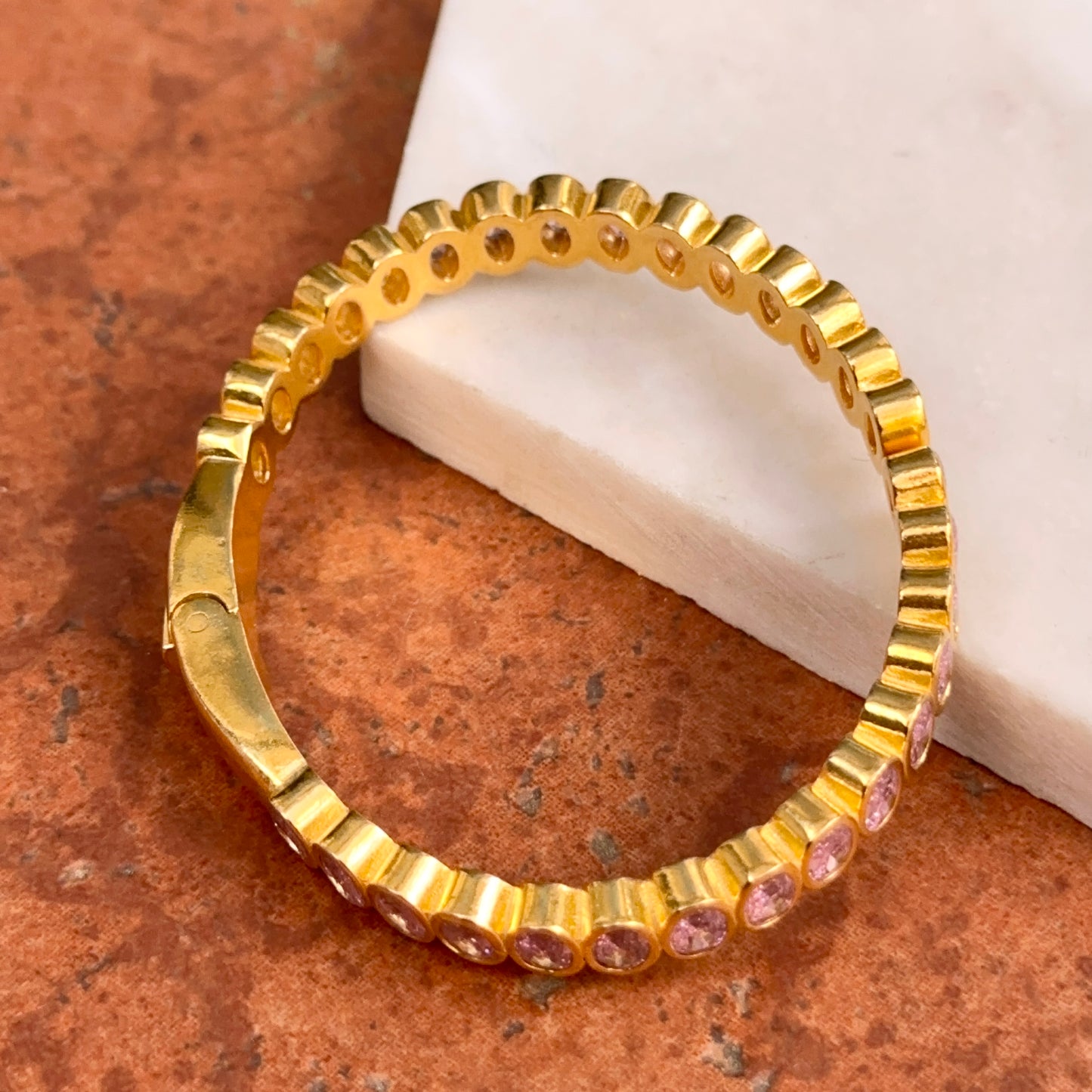 Estate Yellow Gold Tone Bezel Oval Pink Stone Hinged Bangle Bracelet
