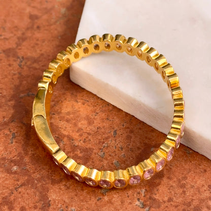 Estate Yellow Gold Tone Bezel Oval Pink Stone Hinged Bangle Bracelet