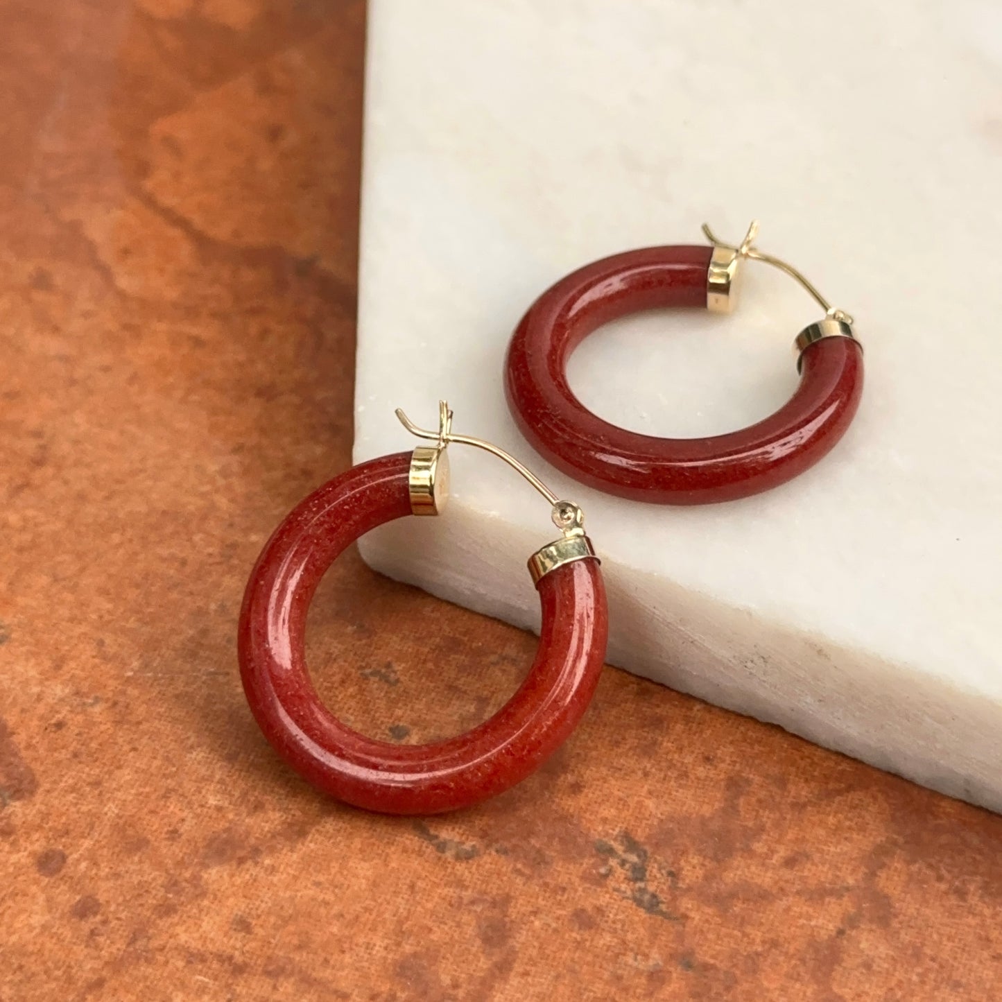 Estate 14KT Yellow Gold Carnelian Tube Hoop Earrings 24mm