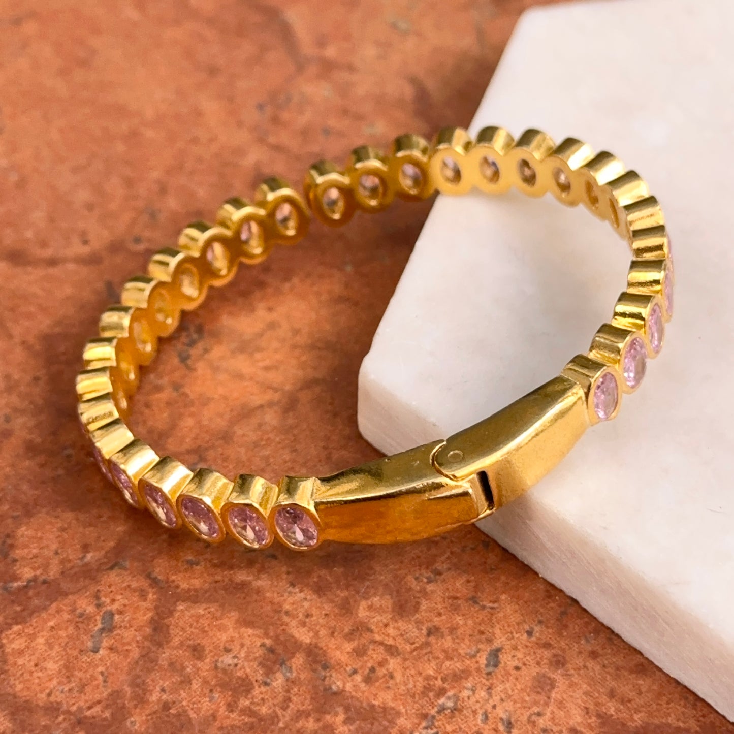 Estate Yellow Gold Tone Bezel Oval Pink Stone Hinged Bangle Bracelet