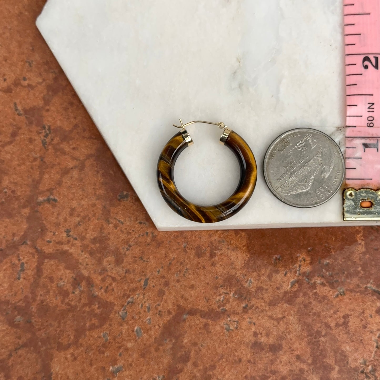 14KT Yellow Gold Tiger's Eye Tube Hoop Earrings 30mm