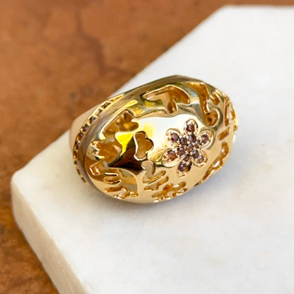 18K Yellow Gold-Plated Brass Brown CZ + Cream Enamel Cut-Out Ring