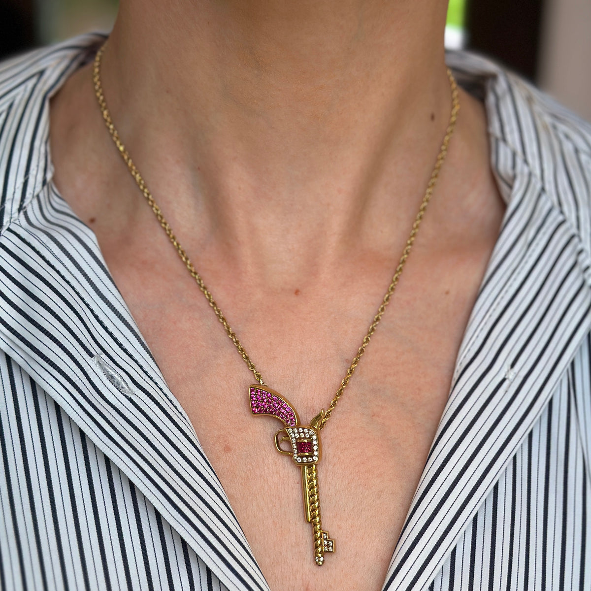 Estate 18KT Yellow Gold Ruby + Diamond Pistol Pendant