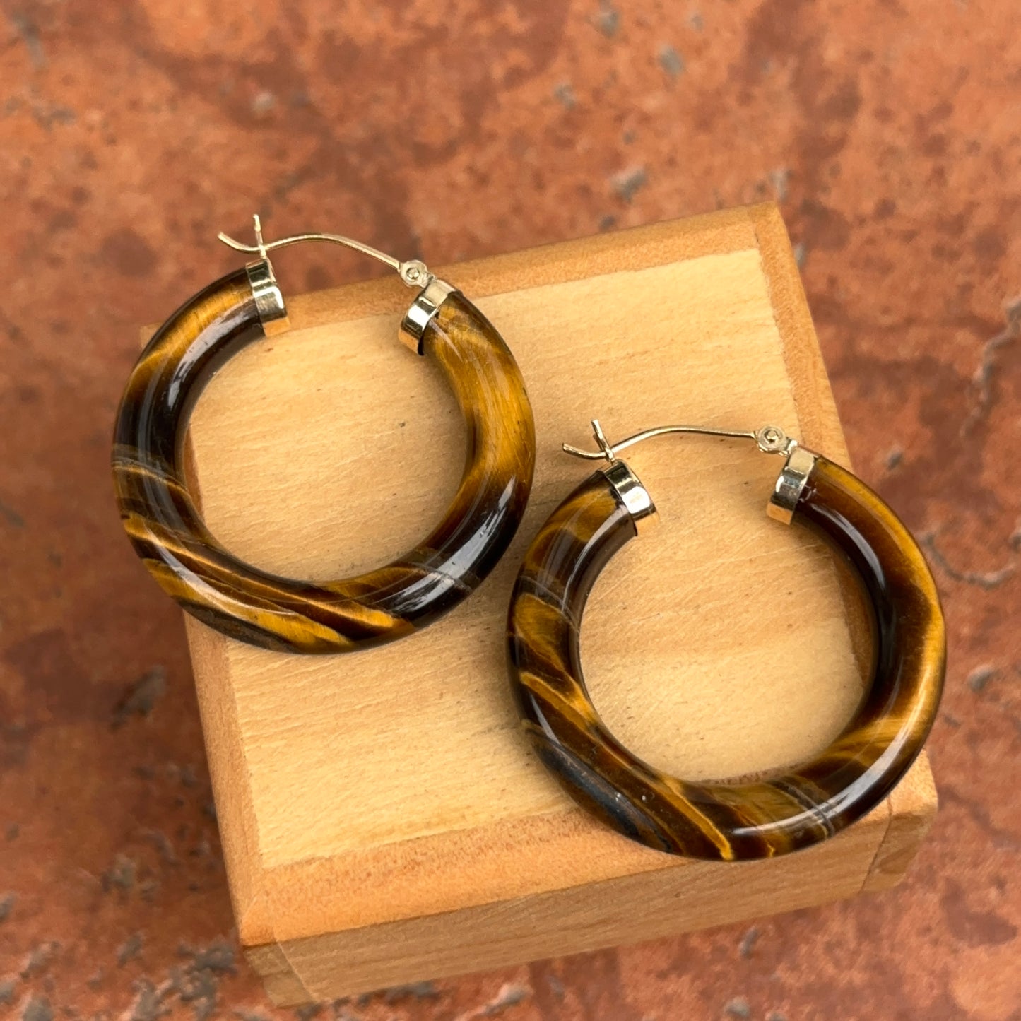 14KT Yellow Gold Tiger's Eye Tube Hoop Earrings 30mm
