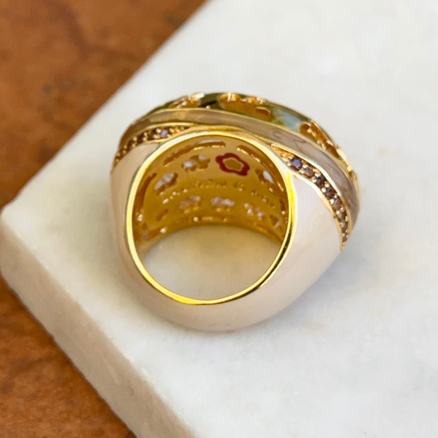 18K Yellow Gold-Plated Brass Brown CZ + Cream Enamel Cut-Out Ring