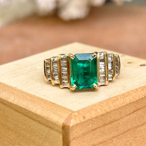 Estate 10KT Yellow Gold Lab 2 CT Emerald-Cut Emerald + 3 Row Diamond Ring