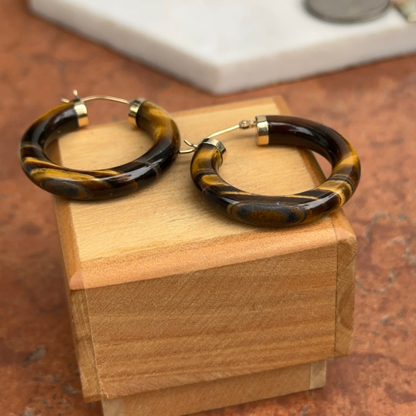 14KT Yellow Gold Tiger's Eye Tube Hoop Earrings 30mm