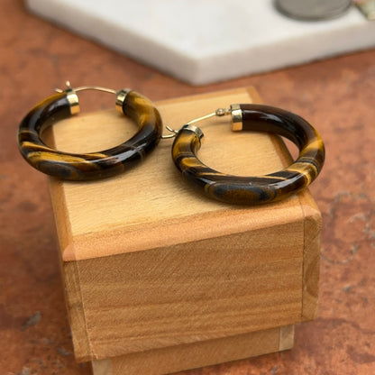 14KT Yellow Gold Tiger's Eye Tube Hoop Earrings 30mm