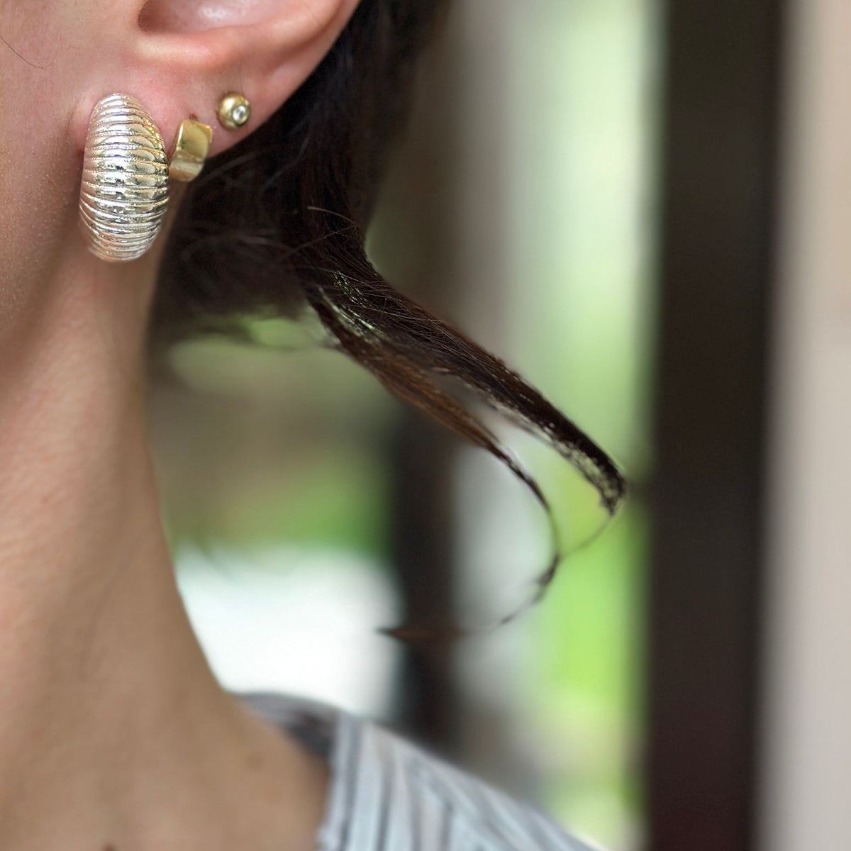 Estate Silver-Tone Corrugated Half-Hoop Clip-On Earrings