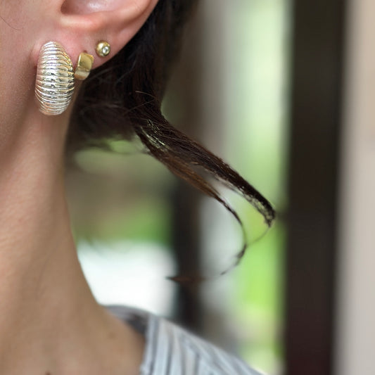 Estate Silver-Tone Corrugated Half-Hoop Clip-On Earrings