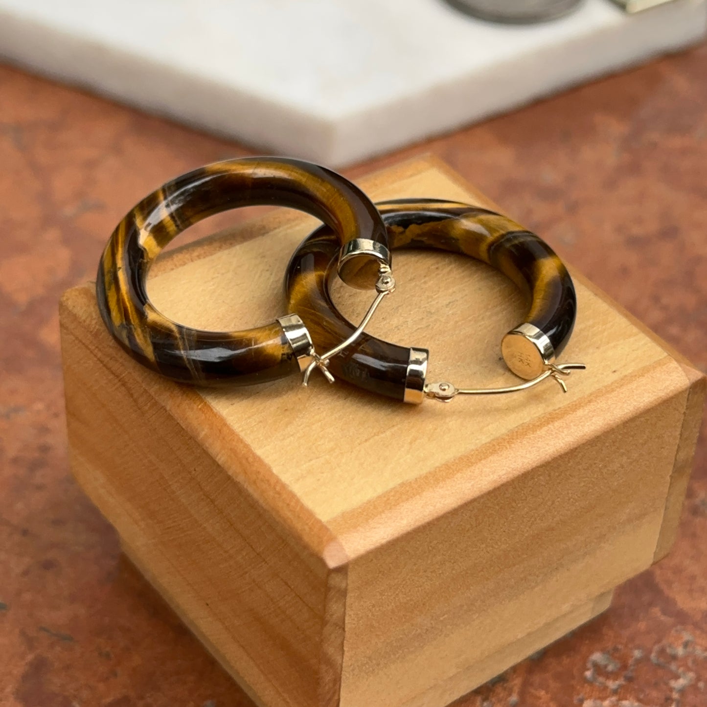 14KT Yellow Gold Tiger's Eye Tube Hoop Earrings 30mm