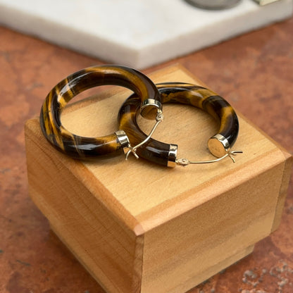 14KT Yellow Gold Tiger's Eye Tube Hoop Earrings 30mm