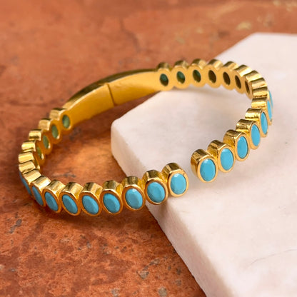 Estate Yellow Gold Tone Bezel Oval Blue Stone Hinged Bangle Bracelet