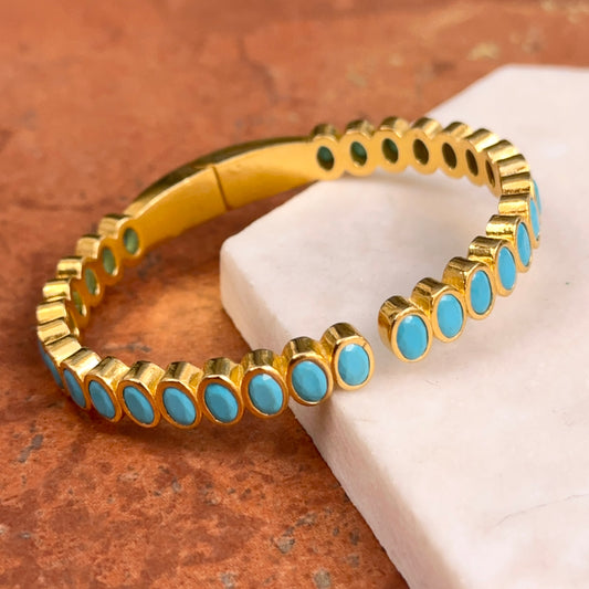 Estate Yellow Gold Tone Bezel Oval Blue Stone Hinged Bangle Bracelet