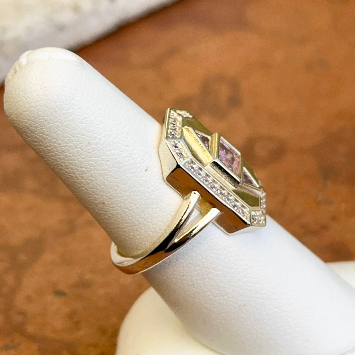 Silver-Plated Pink Cubic Zirconia Art Deco Split Shank Ring