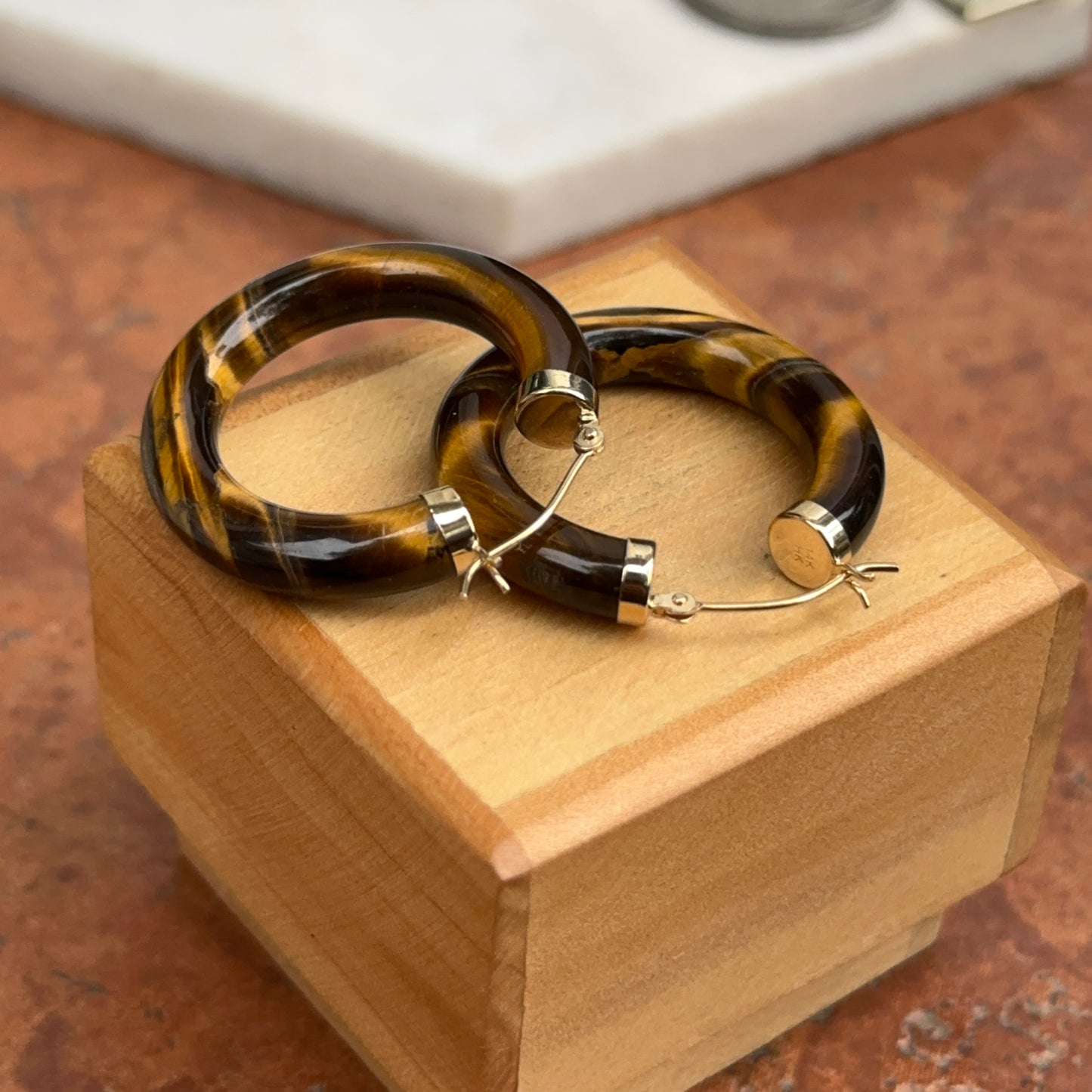 14KT Yellow Gold Tiger's Eye Tube Hoop Earrings 30mm