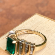 Load image into Gallery viewer, Estate 10KT Yellow Gold Lab 2 CT Emerald-Cut Emerald + 3 Row Diamond Ring