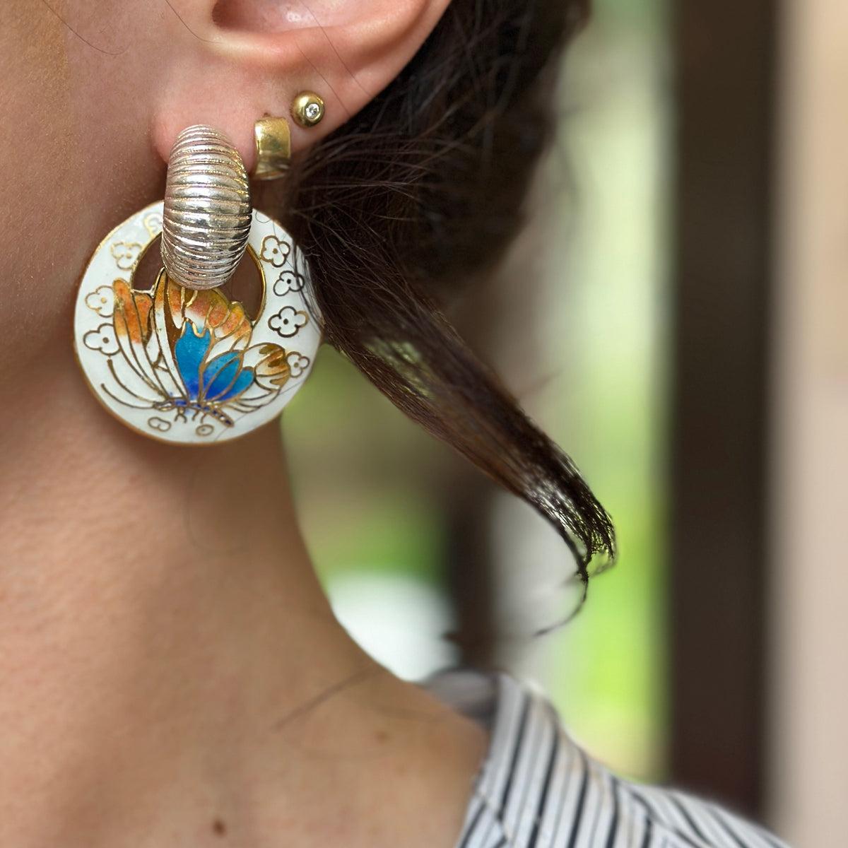 Estate Gold-Tone White Cloisonne Enamel Round Earring Charms