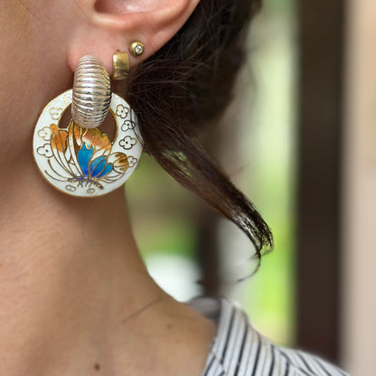 Estate Gold-Tone White Cloisonne Enamel Round Earring Charms