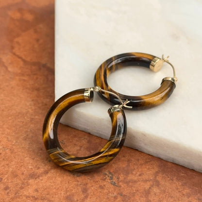 14KT Yellow Gold Tiger's Eye Tube Hoop Earrings 30mm