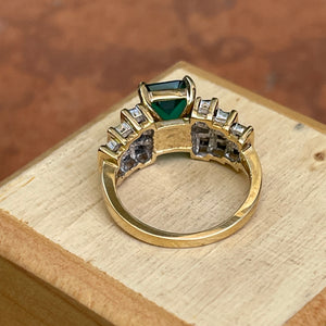 Estate 10KT Yellow Gold Lab 2 CT Emerald-Cut Emerald + 3 Row Diamond Ring